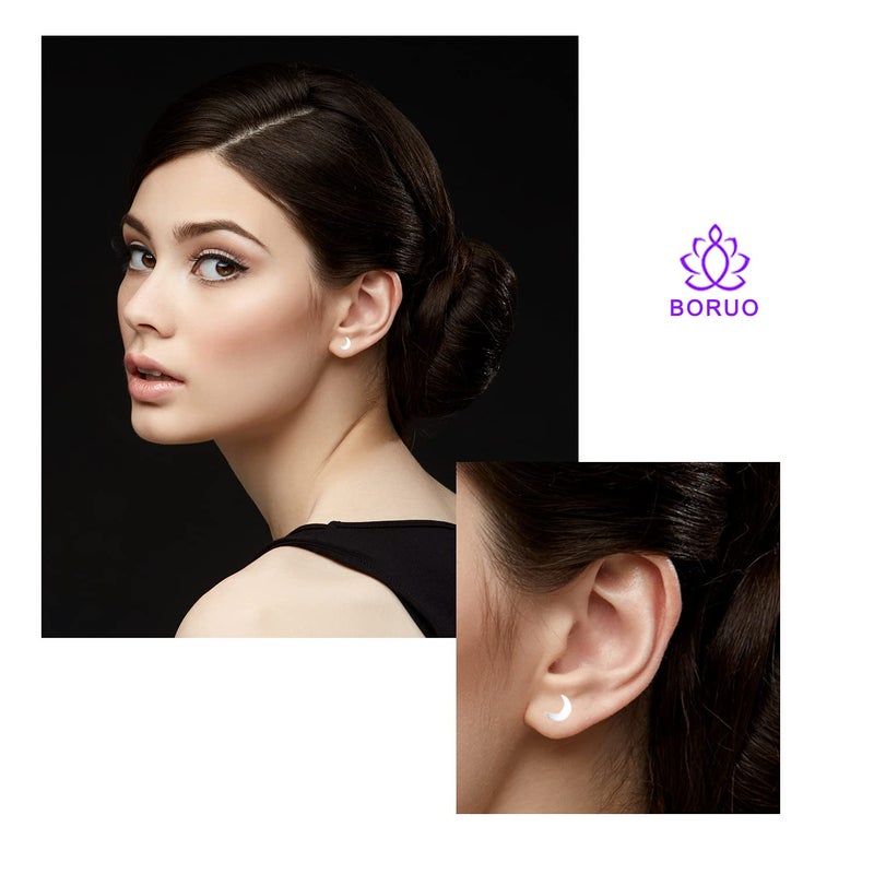 BORUO 925 Sterling Silver Stud Earrings, BoRuo Star & Crescent Moon Post Earrings - Image 2